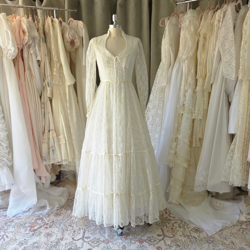 Gunne Sax Vintage 70s Lace Maxi Dress Size 9 S Prairie Corset Wedding Ethereal